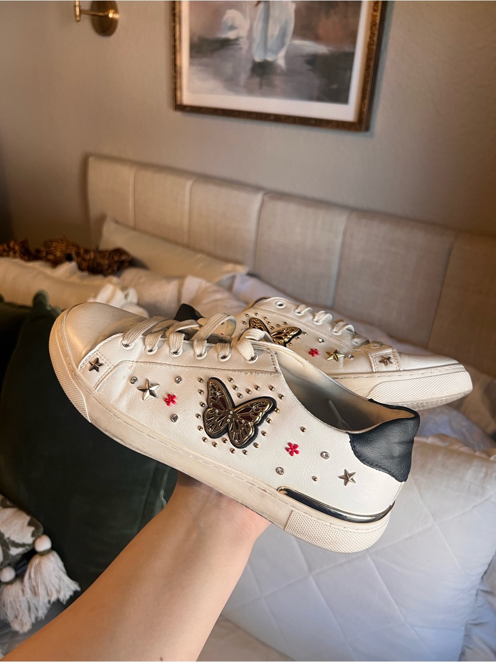 Aldo White Sneakers with Butterfly Stud Embellishments
